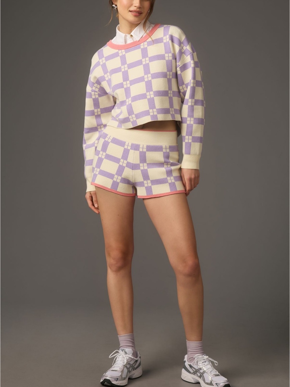 Checkered Knit Shorts Set in Cream & Lavender